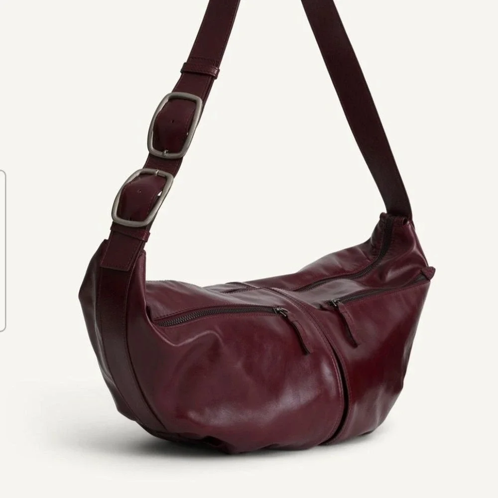 ZARA Large Burgundy Leather Crescent Shoulder Bag Double Buckle Strap Zip  close